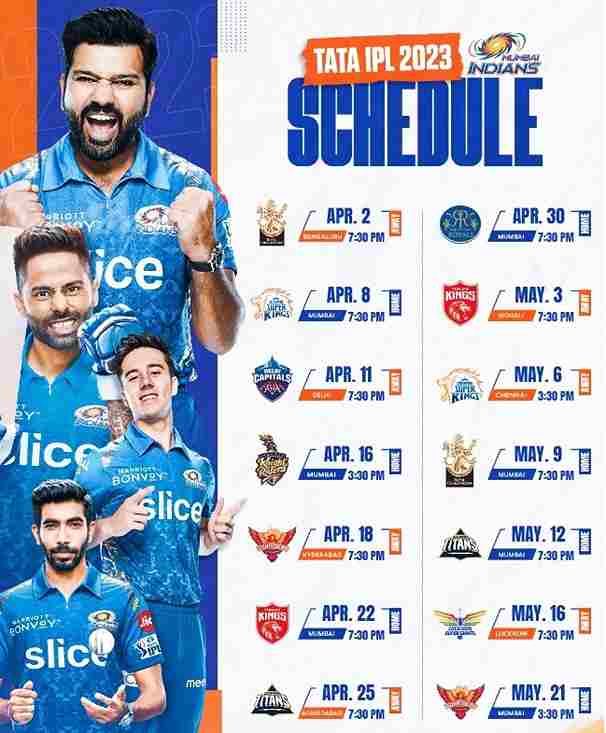Mumbai Indians (MI) IPL 2023 Schedule Complete Match List, Venues